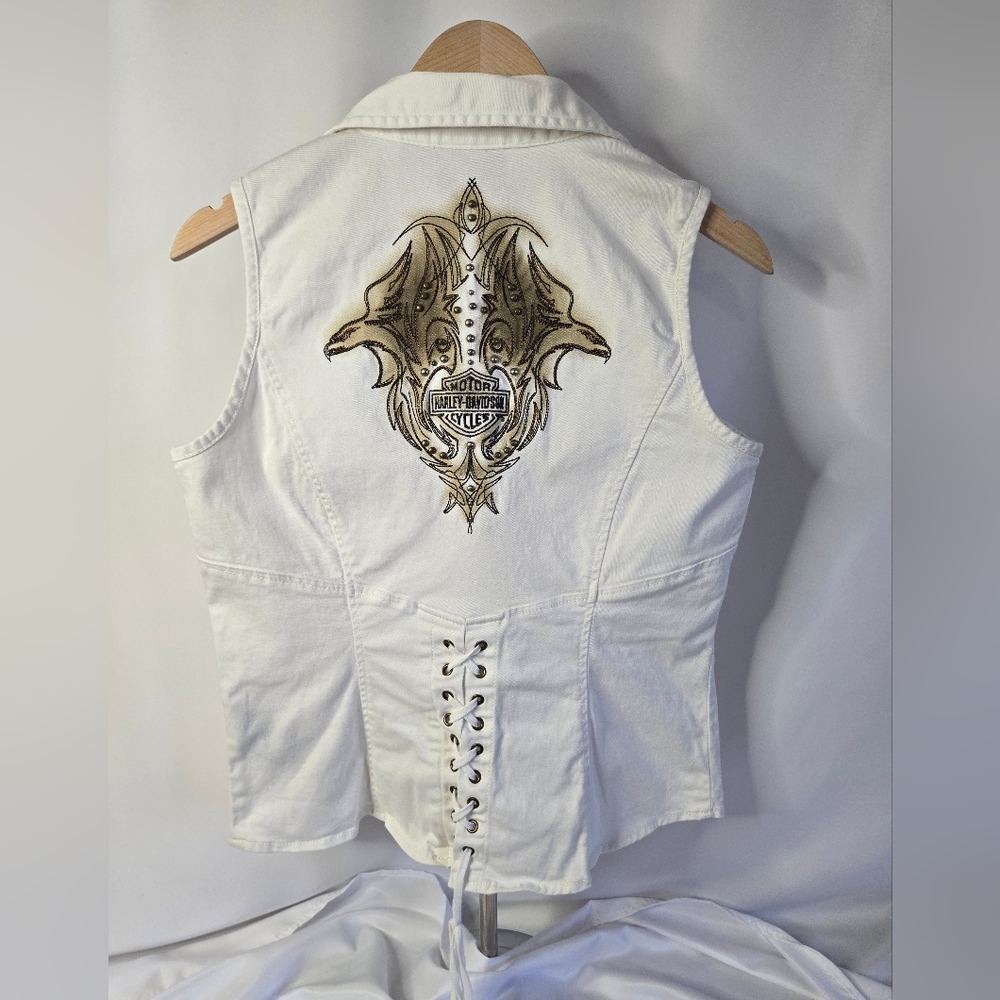 Harley-Davidson White Lace-Up Corset Vest Size Medium – Embroidered Eagle Logo - Picture 7 of 9